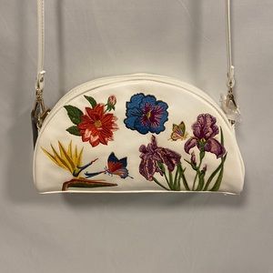 Original by Sharif white crossbody purse with colorful embroidery on front